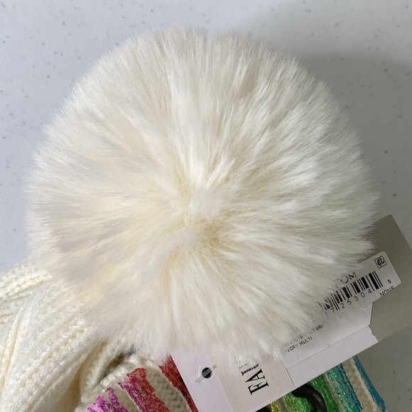 BP Nordstrom Ivory Multi Color Metallic Pom Pom Beanie Hat Wrist Warmer Set - Picture 9 of 11